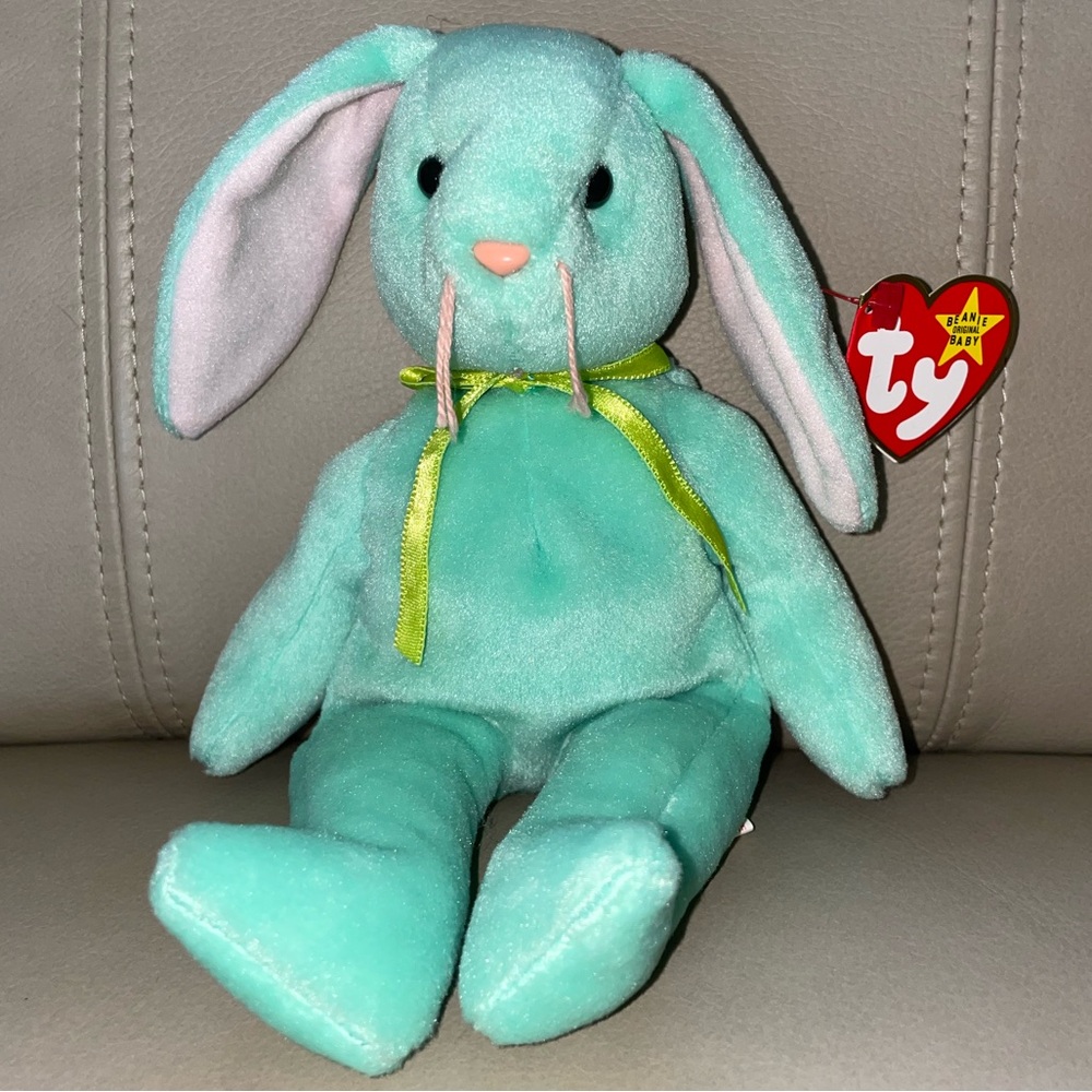 TY Beanie Baby Hippity - Mint Green Bunny Plush with Pink
